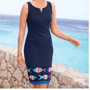 Talbots Petites Navy Sleeveless Sheath Dress Tropical Sequin Fish Resort Wear 8P